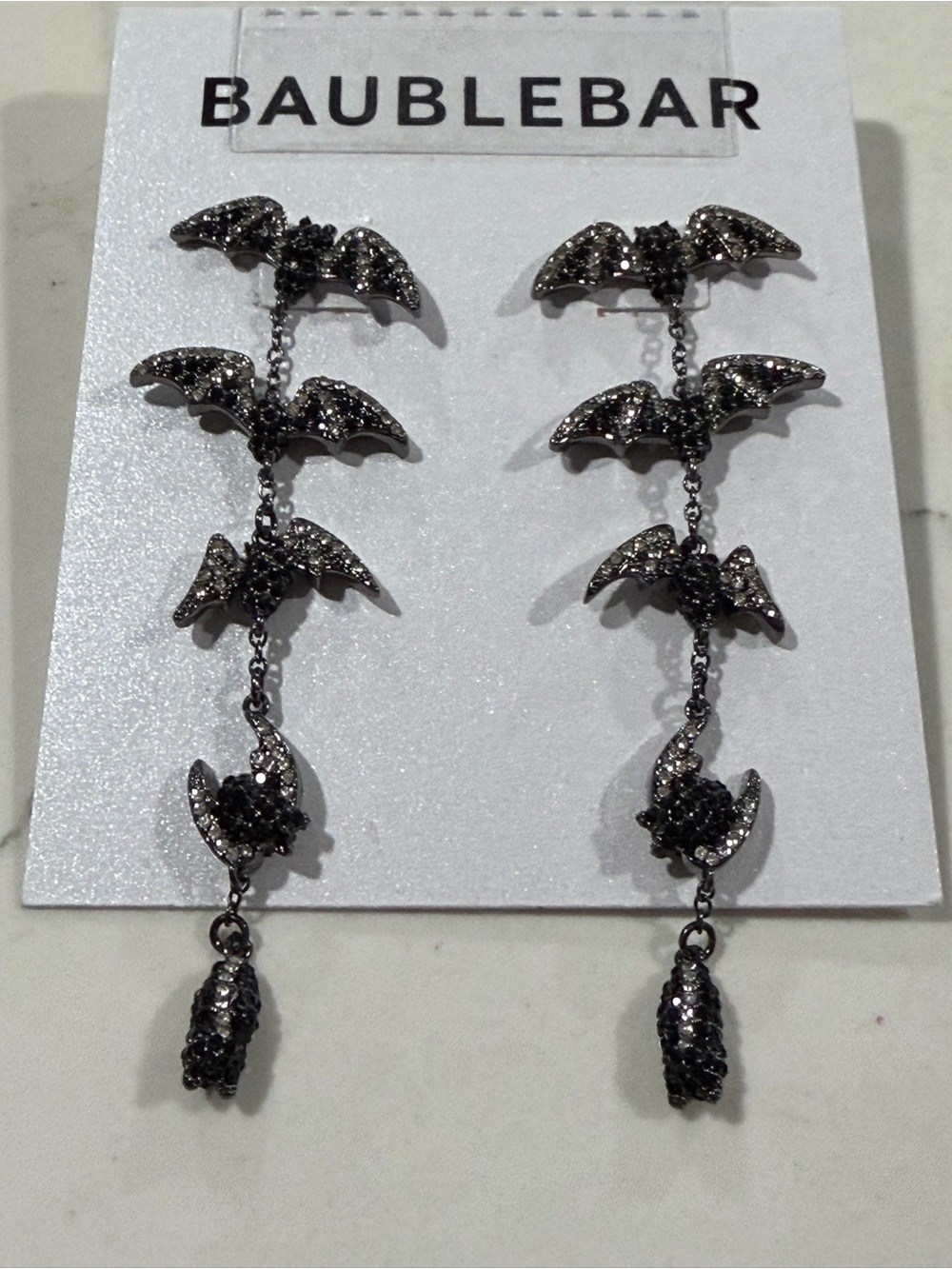 BaubleBar Gunmetal Black Crystal Bat Cascade Earrings
